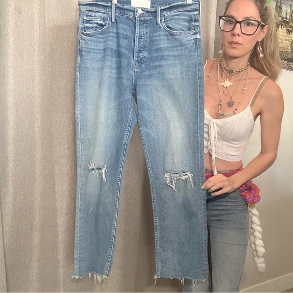 MOTHER Blue Straight-Leg Jeans with Rainbow Patch - Picture 3 of 5